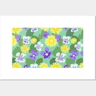 Cross-stitch Violets and Dandelions on Mint Green Horizontal Posters and Art